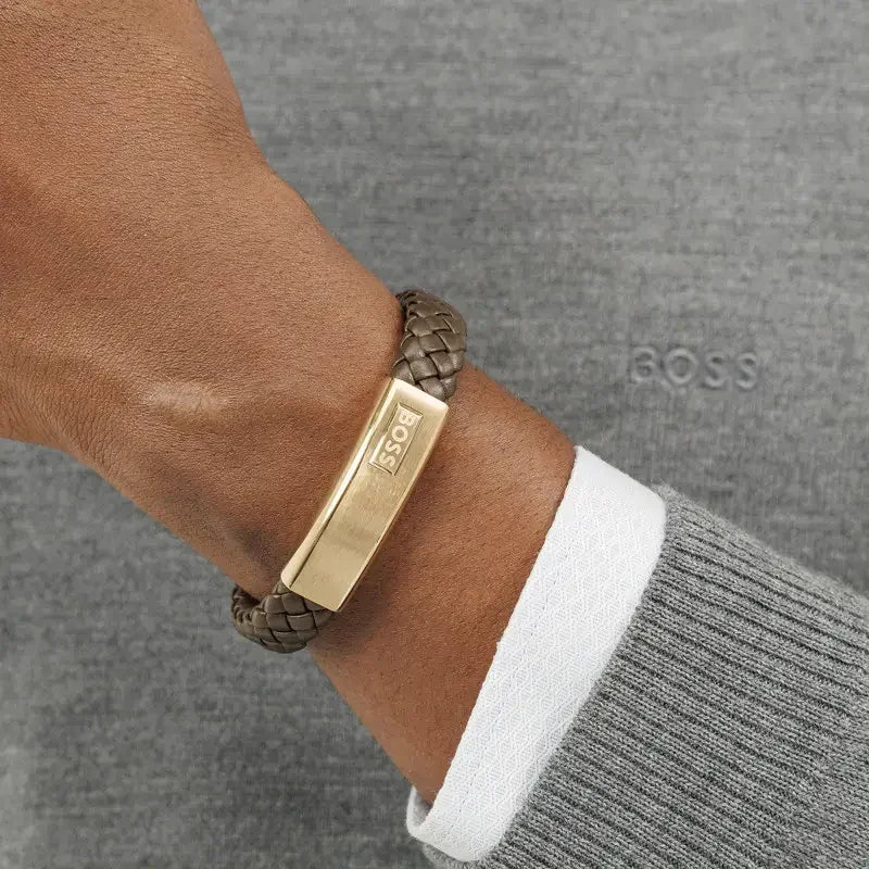 Hugo Boss Jewellery Men's Lander Brown Leather & Gold Steel Bracelet 1580746M