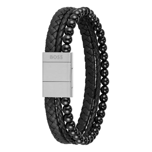 Hugo Boss Jewellery Men's Cuff with Tiger Beads and Braided Black leather