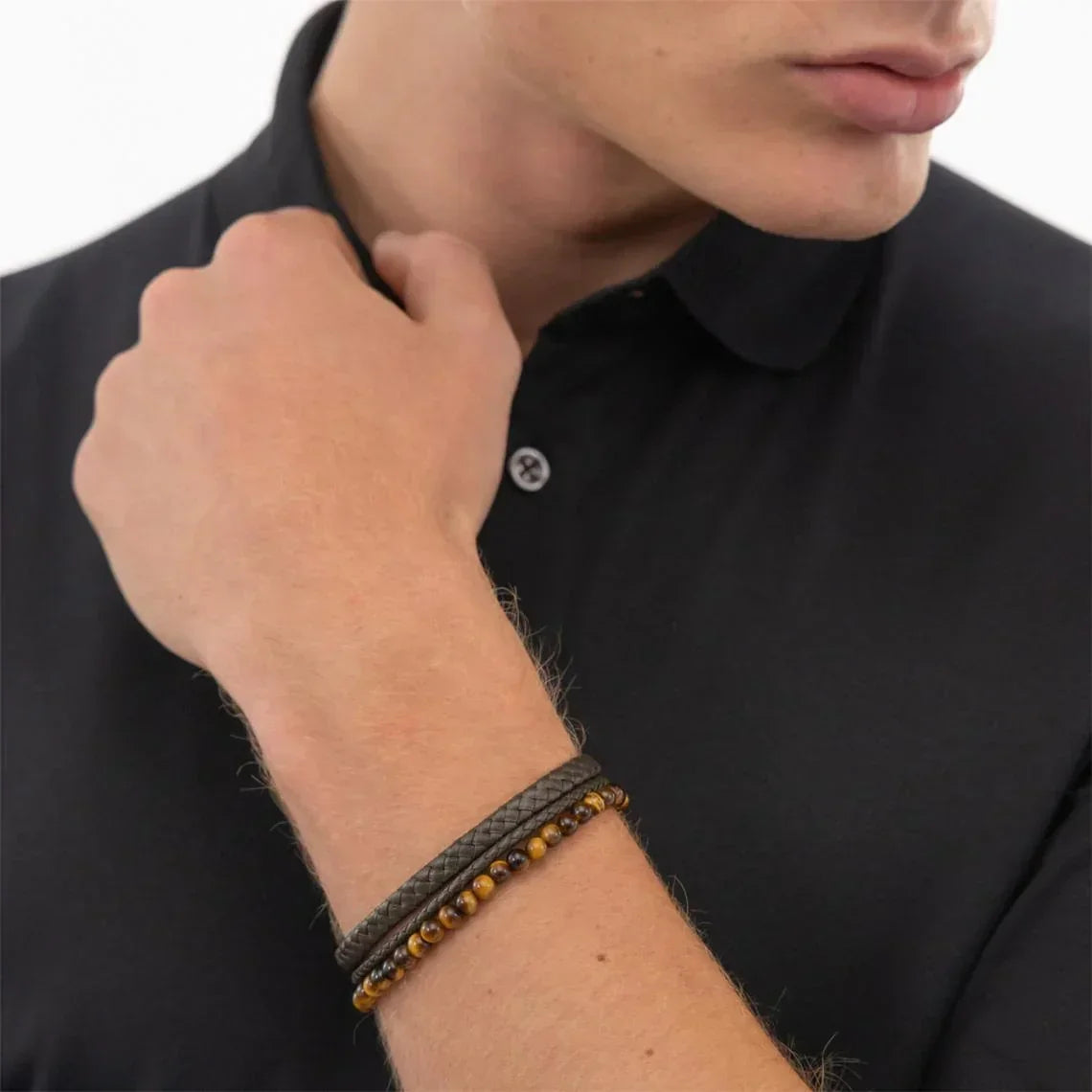 Hugo Boss Jewellery Men's Tiger Beads and Braided Brown Leather Bracelet 1580787