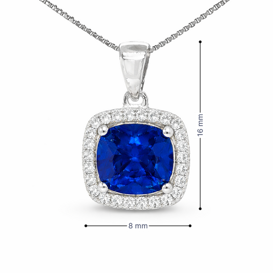 September Birthstone Sapphire Color CZ Cushion Pendant In Sterling Silver