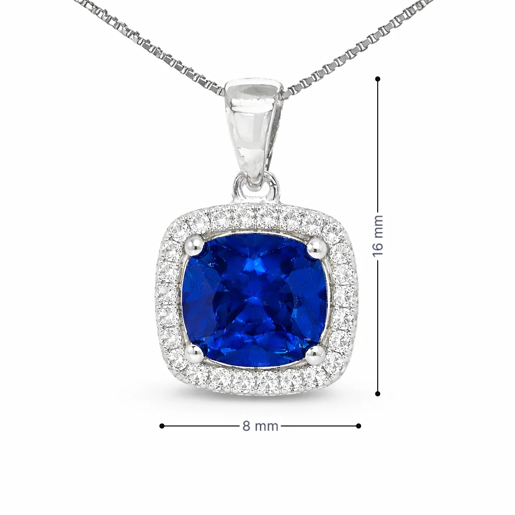 September Birthstone Sapphire Color CZ Cushion Pendant In Sterling Silver