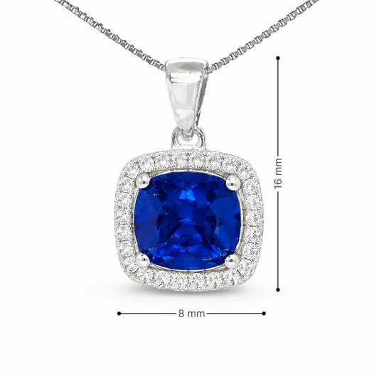 September Birthstone Sapphire Color CZ Cushion Pendant In Sterling Silver