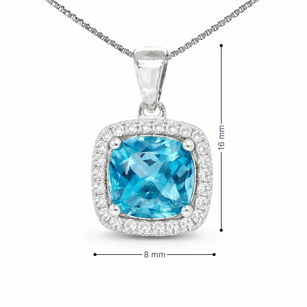 March Birthstone Color CZ Cushion Pendant in Sterling Silver