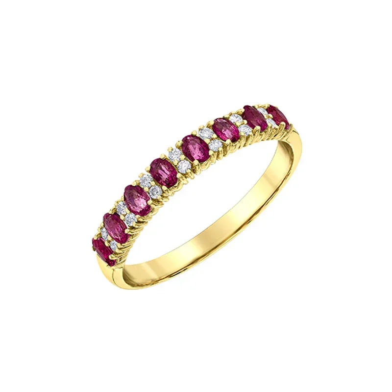 10K Yellow Gold 3X2mm Rubies and 0.08 TDW Diamond Ring