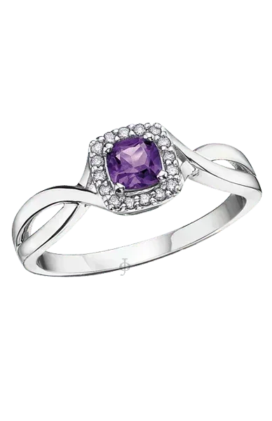 10k white gold 0.07tdw Diamonds and a cushion amethyst gemstone measuring approximately 4x4mm is beautifully set in a cushion halo setting. Elegant and graceful, this brilliant diamond and amethyst ring showcases a halo of sparkling diamonds surrounding the center gemstone. A perfect gift for birthdays, anniversaries, mother's day, and graduation. Matching earrings and pendants can be purchased separately to complete the set. Available at obsessions jewellery Scarborough Ontario. On sale now.