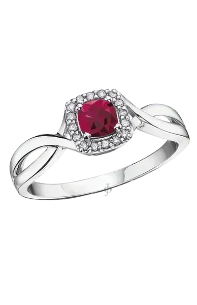 10K White Gold Ruby and Diamond Halo Ring