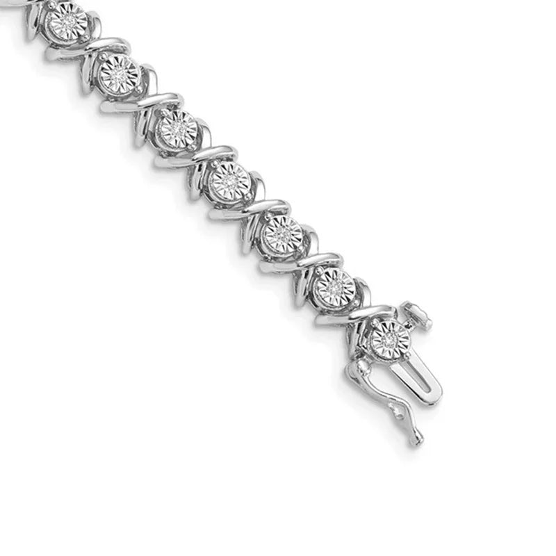Sterling Silver White Gold Plated 0.08CT Lab Grown Diamond “X” Link Tennis Bracelet