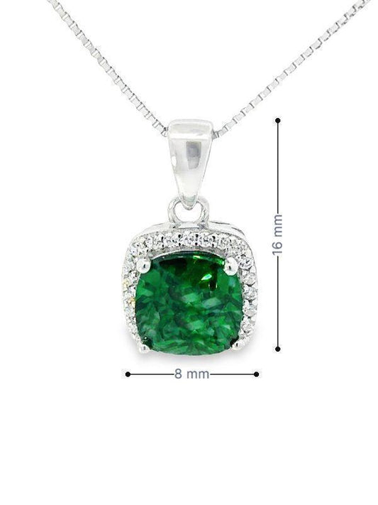 May Birthstone Emerald Color CZ Cushion Pendant In Sterling Silver