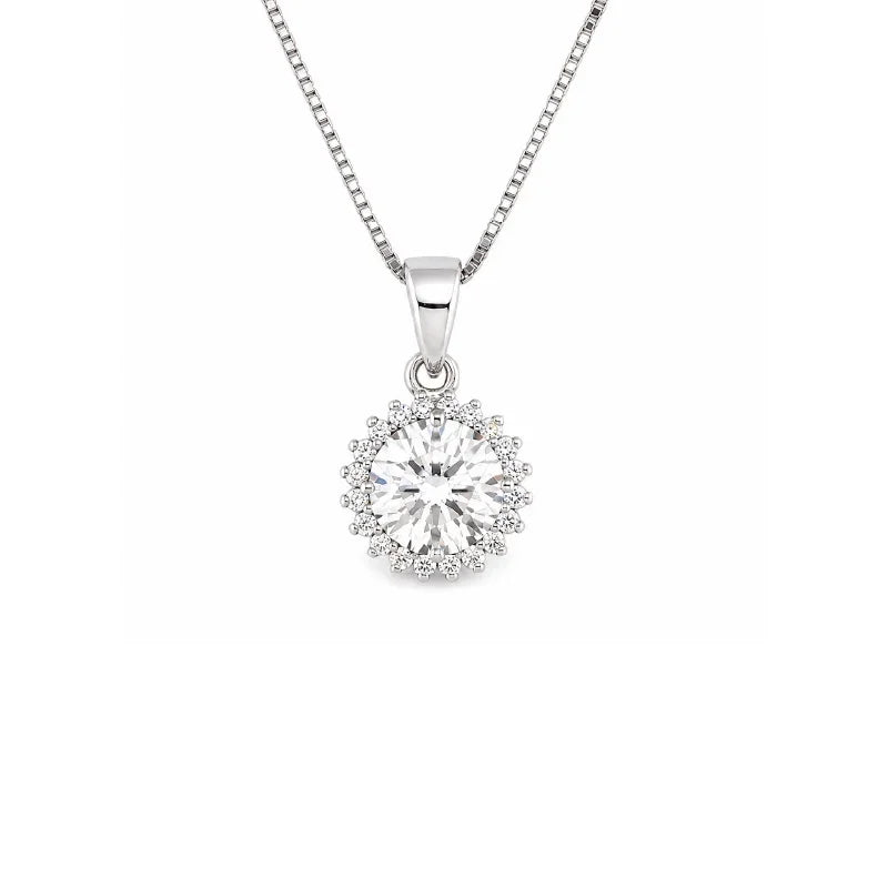 Sterling Silver White Gold Plated CZ Round Halo Pendant
