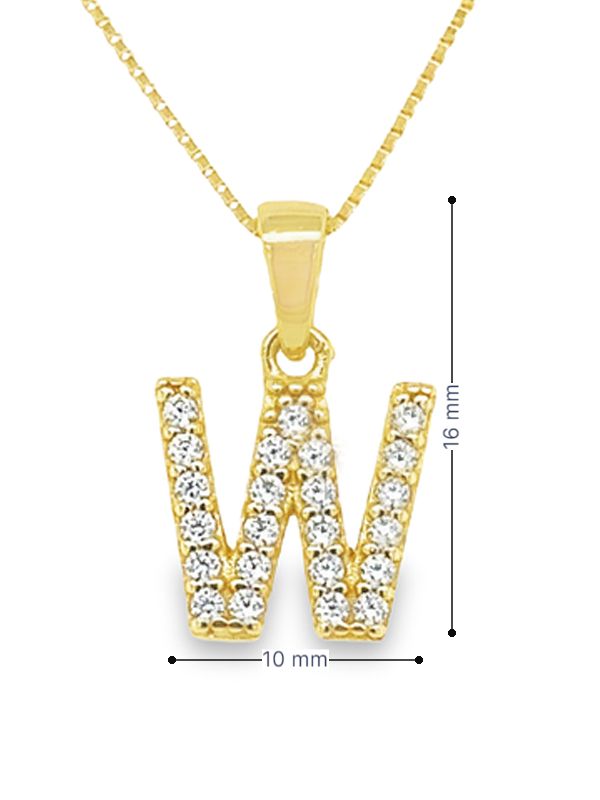 Sterling Silver CZ Letter W Pendant in Yellow Gold Plating