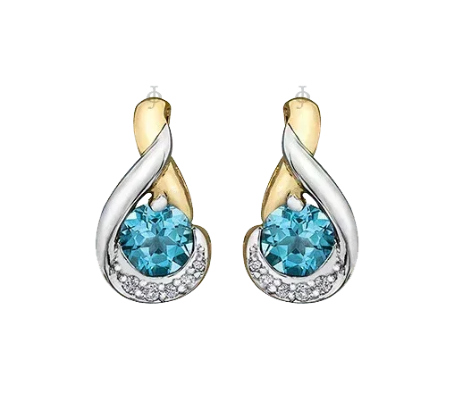 10k White and Yellow Gold Blue Topaz and Diamond Fancy Stud Earring