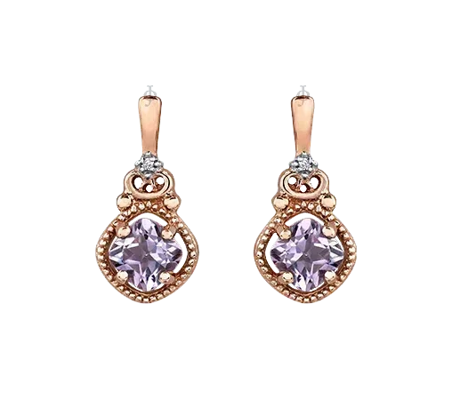 10K Rose Gold Pink Amethyst and Diamond Earrings