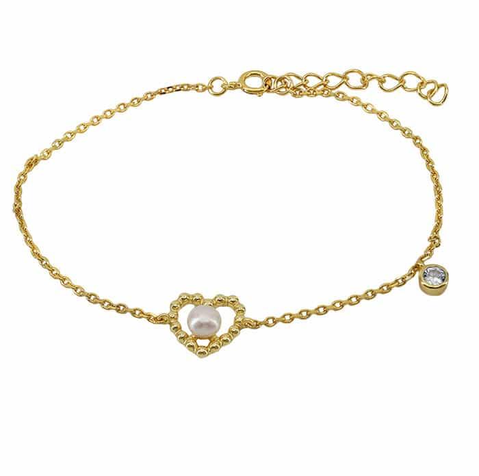 Sterling Silver Gold Plated CZ & Pearl Heart 7.5" Bracelet