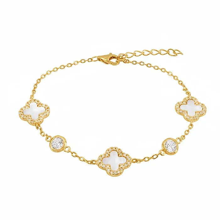 Sterling Silver Gold Plated CZ MOP Clover 7" Bracelet