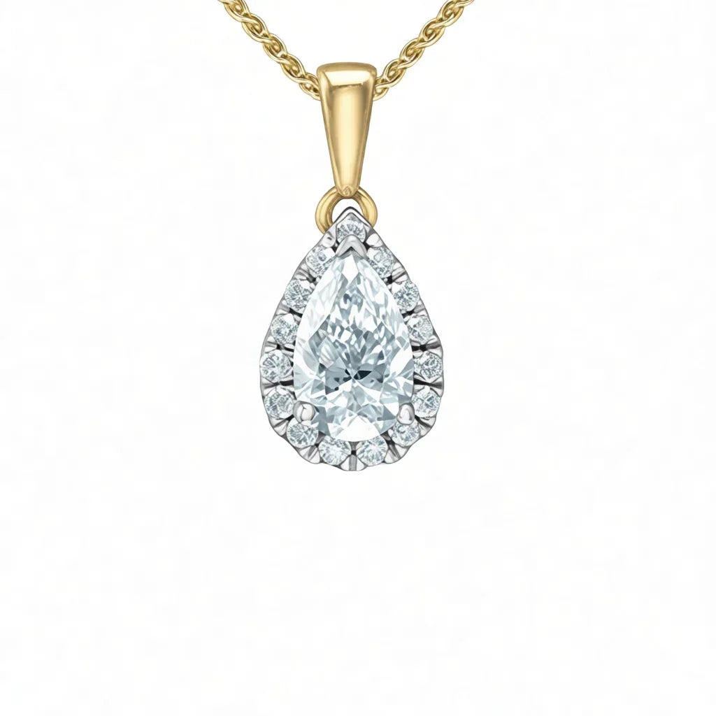 14K Yellow and White Gold 0.85TDW Lab Grown Pear Halo Diamond Pendant