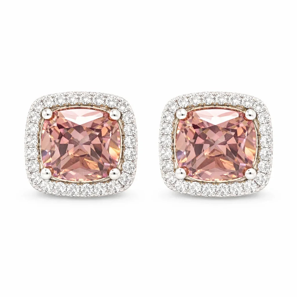 October Birthstone Sterling Silver Cushion Pink Tourmaline Color CZ Earrings