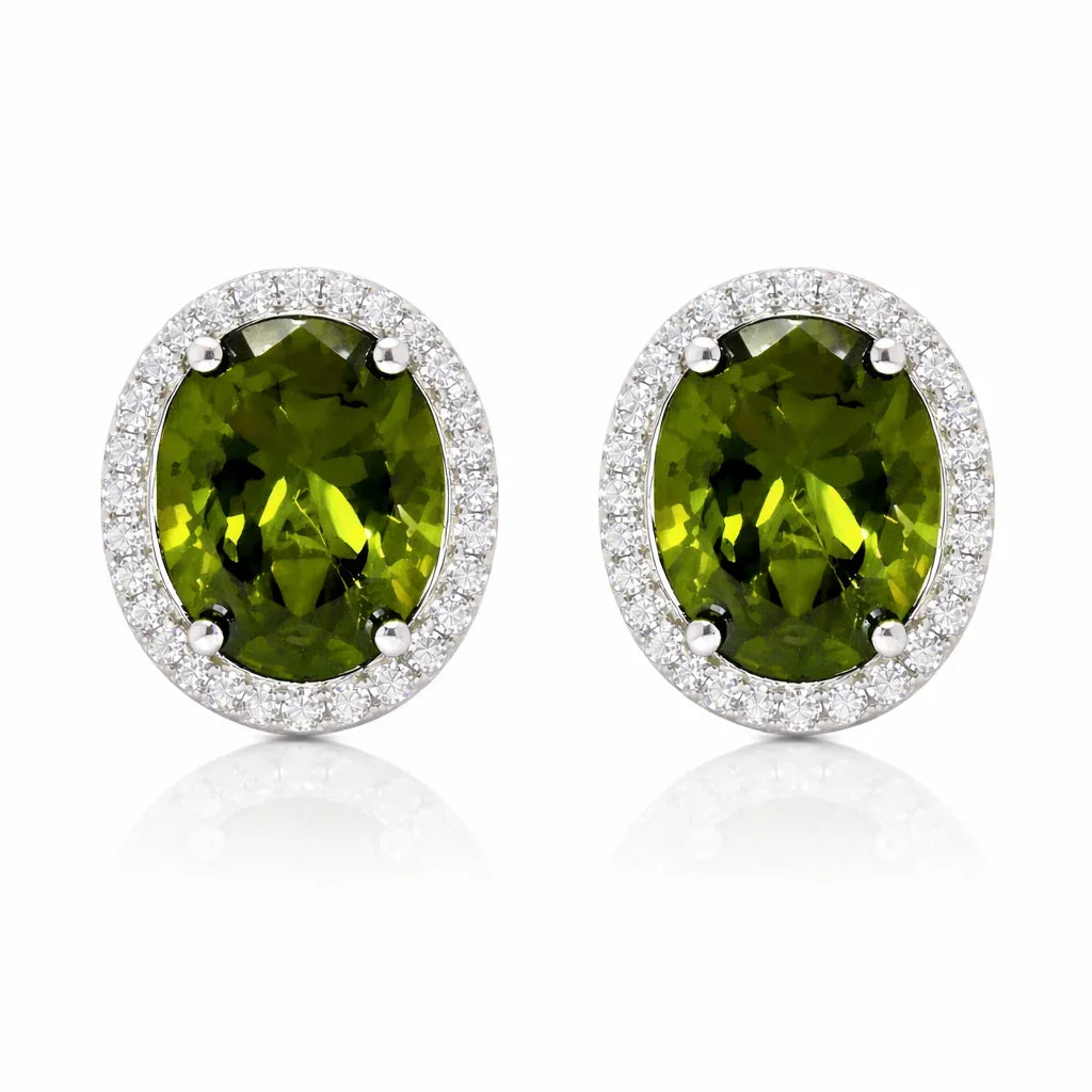August Birthstone Peridot Color CZ Oval Halo Earring In Sterling Silver