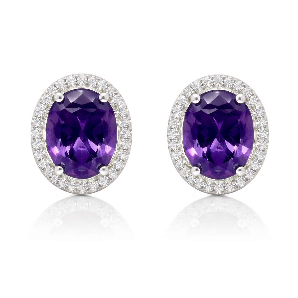 February Birthstone Amethyst Color CZ Oval Earring In Sterling Silver