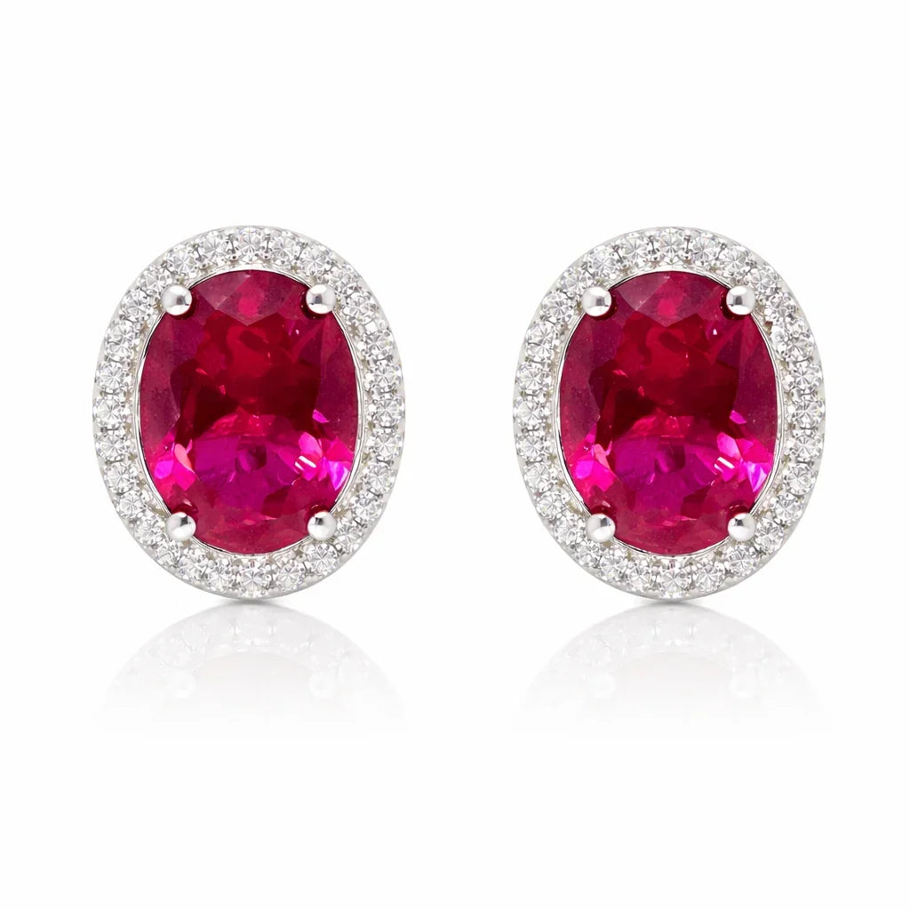 July Birthstone Ruby CZ Oval Halo Stud Earrings in Sterling Silver