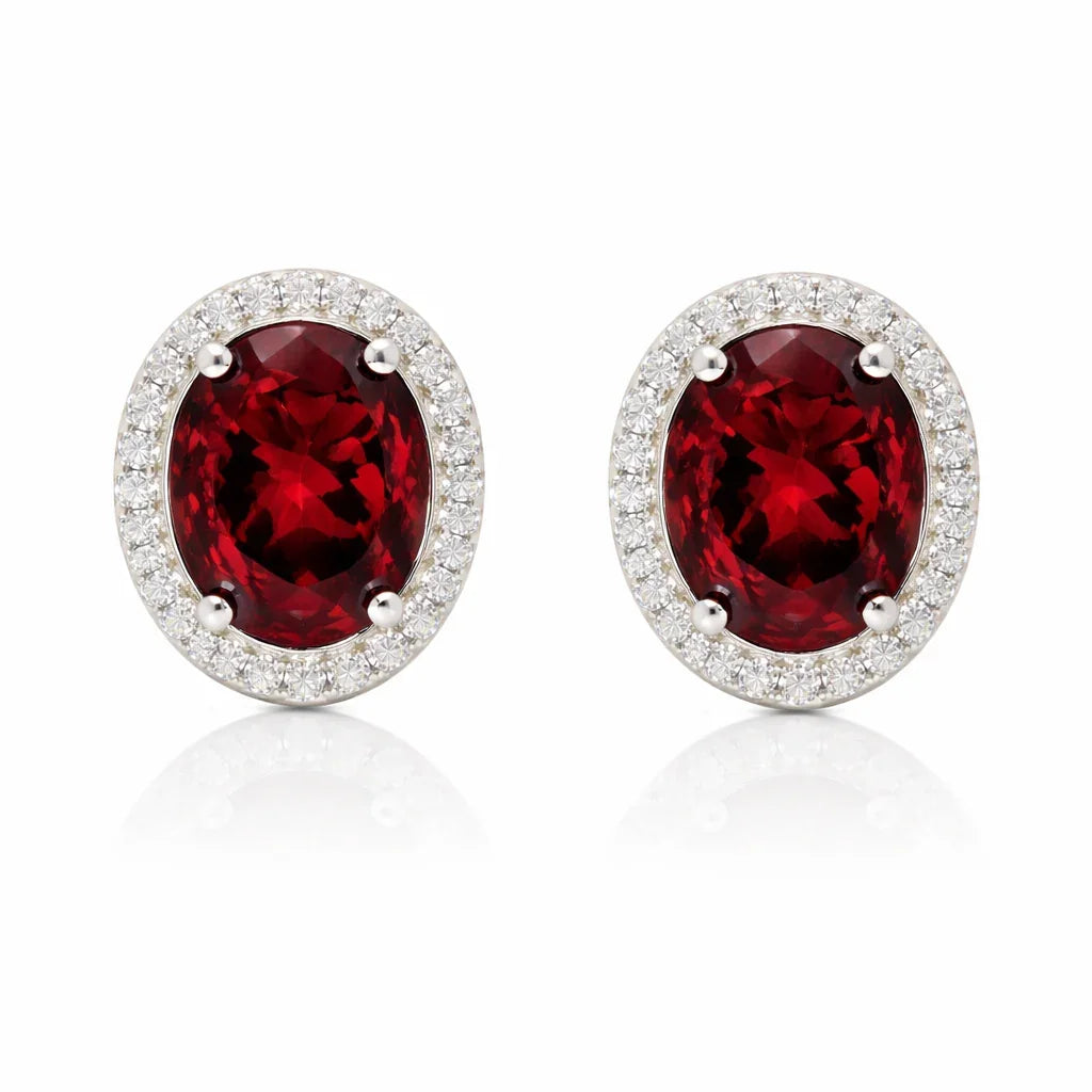 June Birthstone Rhodollite Color CZ Oval Earring In Sterling Silver