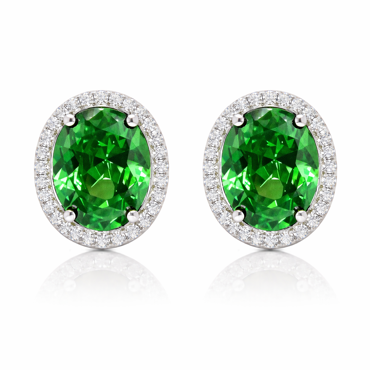 May Birthstone Emerald Color CZ Oval Earring In Sterling Silver