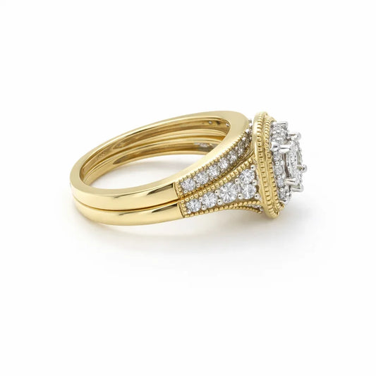 14K Yellow Gold 0.50TDW Princess Diamond Halo Wedding Set
