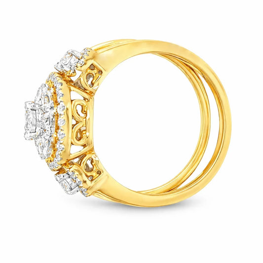 1.00TDW 10K Yellow Gold Diamond Halo Bridal Set with Round Center Stone