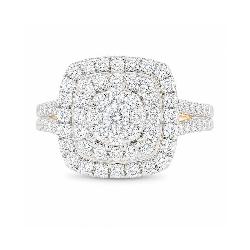 1.00TDW Round Diamond Halo Engagement Ring with Floral Center in 10K Yellow Gold