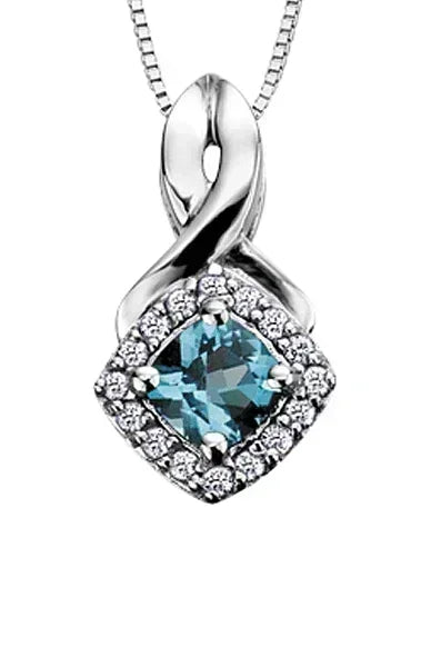 10K White Gold Blue Topaz and Diamond Halo Pendant with Chain