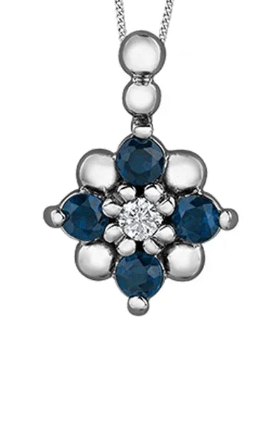 10K White Gold Blue Sapphire and Diamond Floral Pendant with Chain