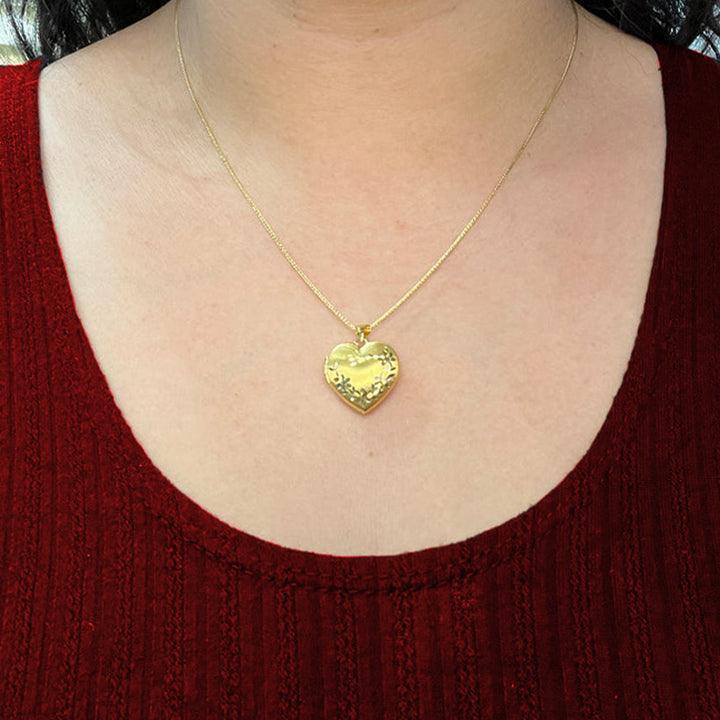 10K Yellow Gold Heart Shaped Etched Floral Locket with Satin Finish