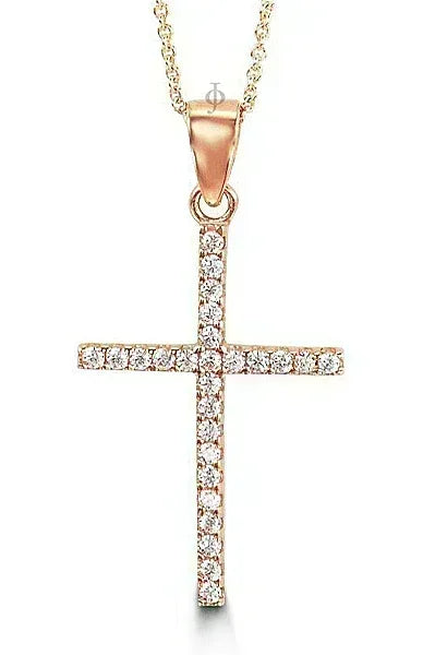 10K Rose Gold Classic CZ Cross Pendant with Chain