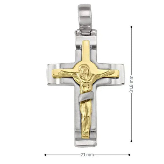 14k White Gold Fancy Religious Italian Cross with Yellow Gold Crucifix