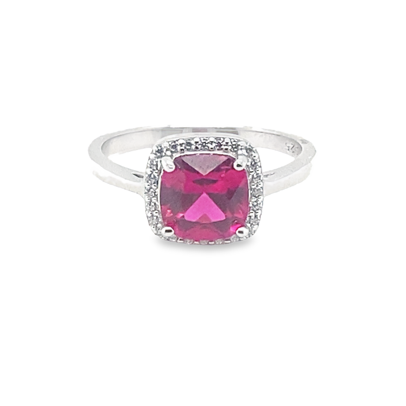 July Birthstone Ruby Color CZ Halo Ring in Sterling Silver