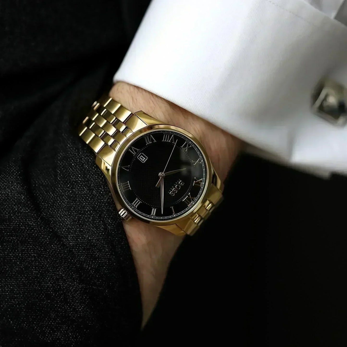 Hugo Boss 1513739 Master Black Dial Gold Bracelet Quartz Men's Watch