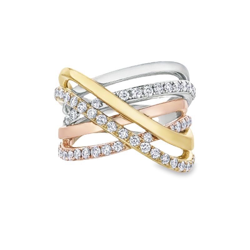 1.00TDW Three-Tone Diamond Modern Ring in 10K Yellow, White and Rose Gold
