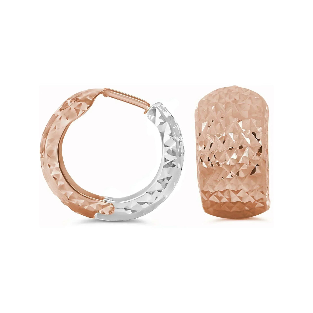 10K Rose & White Gold Broad Fancy Huggies Earrings