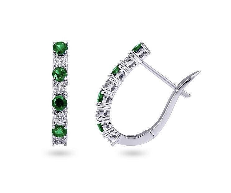 10K White Gold Emerald & 0.08TDW Diamond Hoop Earrings