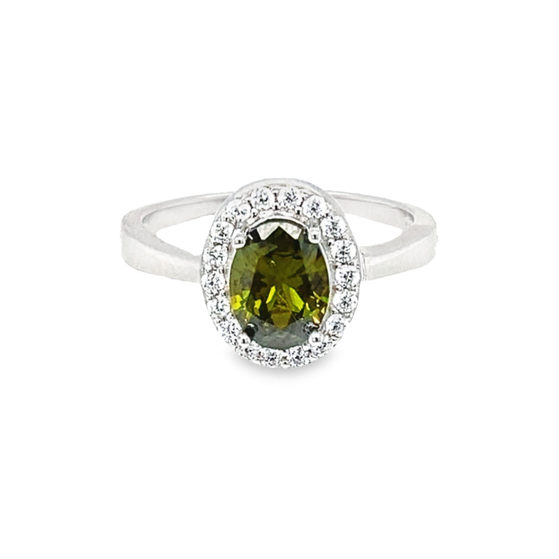 August Birthstone Peridot Color CZ Oval Ring in Sterling Silver
