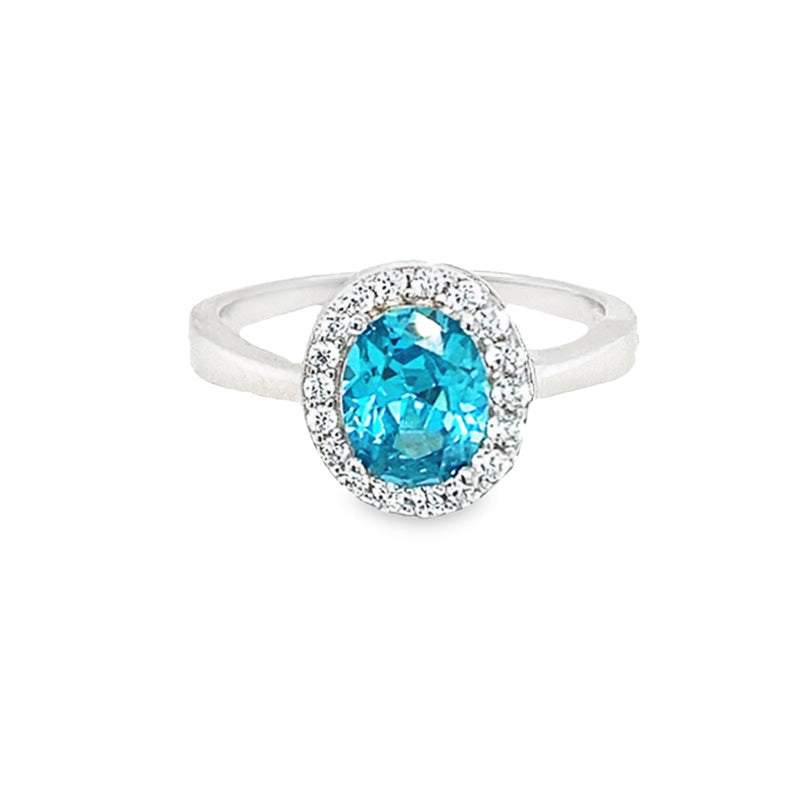 March Birthstone Color CZ Oval Halo Ring in Sterling Silver
