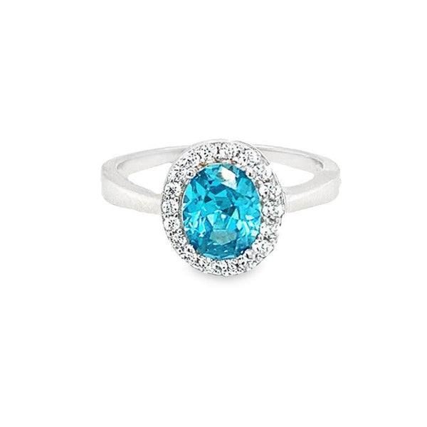 March Birthstone Color CZ Oval Halo Ring in Sterling Silver ...