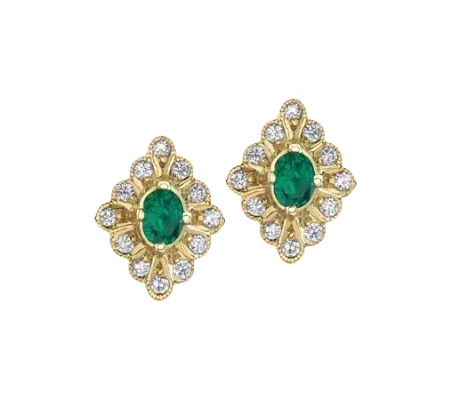 10K Yellow Gold Emerald and Diamond Fancy Stud Earring