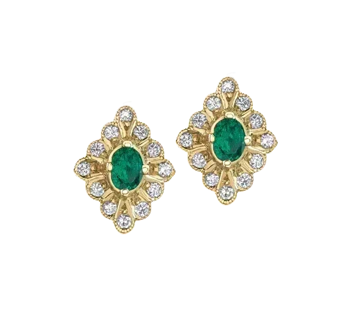 10K Yellow Gold Emerald and Diamond Fancy Stud Earring