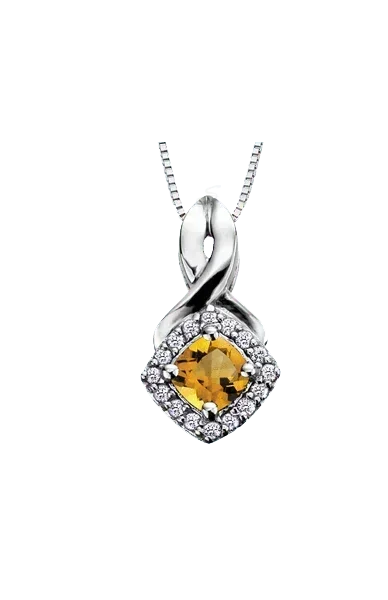 10K White Gold Citrine and Diamond Halo Pendant with Chain