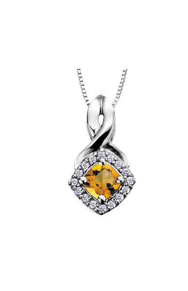 10K White Gold Citrine and Diamond Halo Pendant with Chain