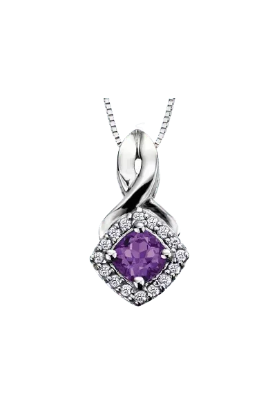 10K White Gold Amethyst and Diamond Halo Pendant with Chain