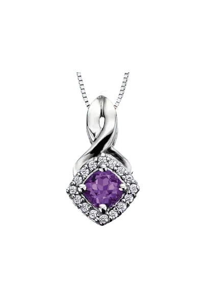 10K White Gold Amethyst and Diamond Halo Pendant with Chain
