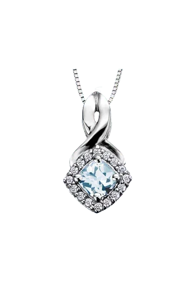 10K White Gold Aquamarine and Diamond Halo Pendant with Chain