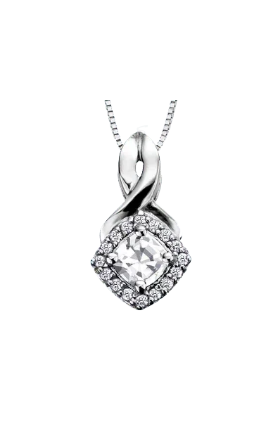 10K White Gold White Zircon and Diamond Halo Pendant with Chain