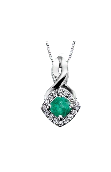 10K White Gold Emerald and Diamond Halo Pendant with Chain